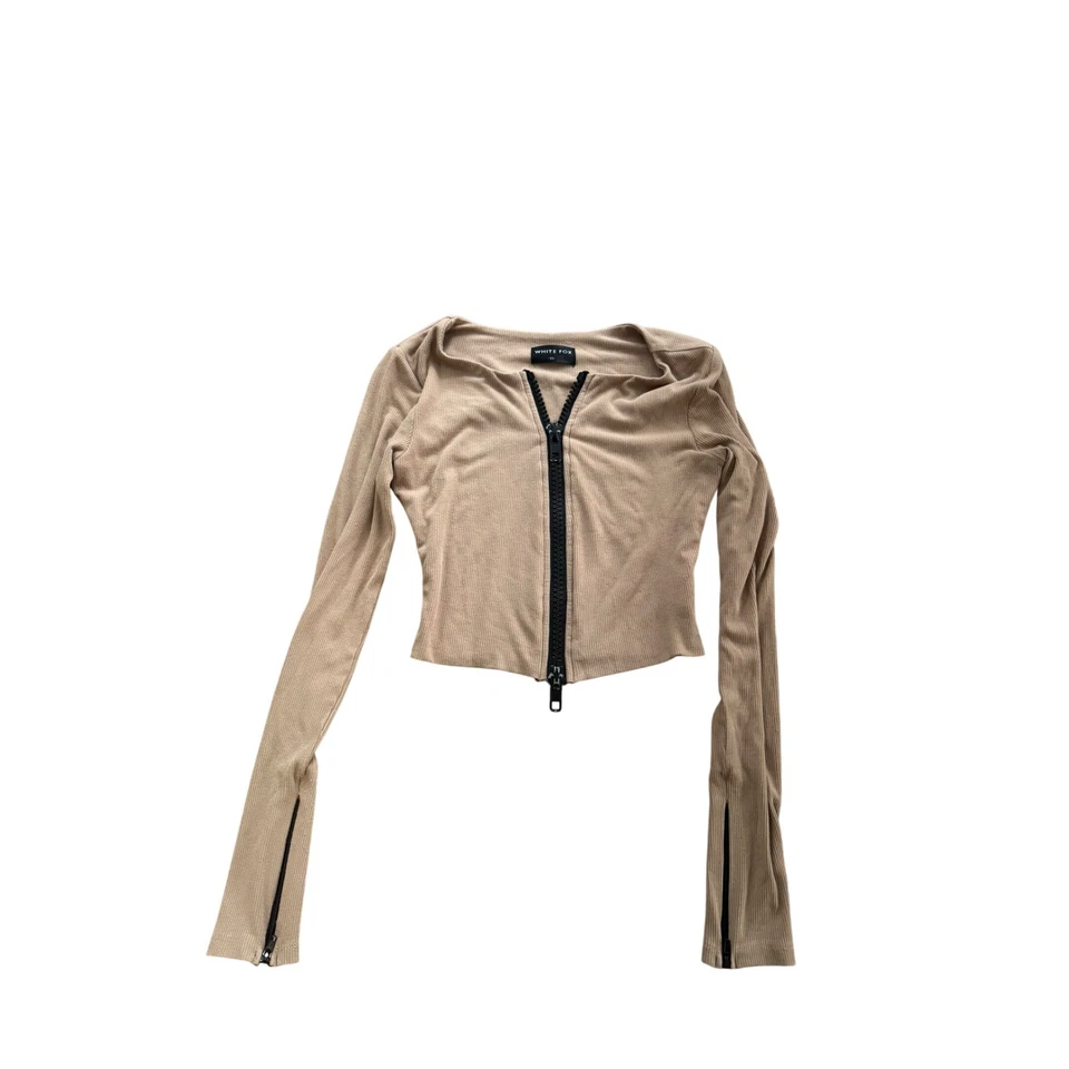 Top corto con cremallera tejido acanalado de zorro blanco XS tostado Y2K estilo callejero estético neutro Foto 1 de 4