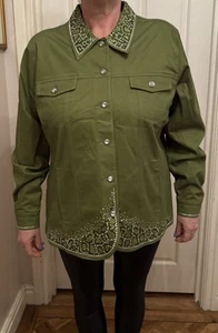 Ladies Quacker Factory size L Leaf Green stretch Jacket diamante trim & Buttons - Picture 1 of 7