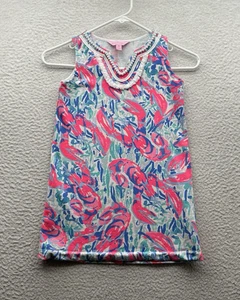 Lilly Pulitzer Harper Dress Girls Medium M 6-7 Cosmic Coral Cracked Up Pink Blue - Picture 1 of 8