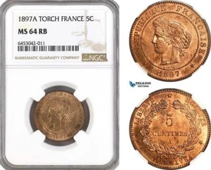 AH201, France, Third Republic, 5 Centimes 1897 A (Torch) Paris Mint, NGC MS64RB - Picture 1 of 1