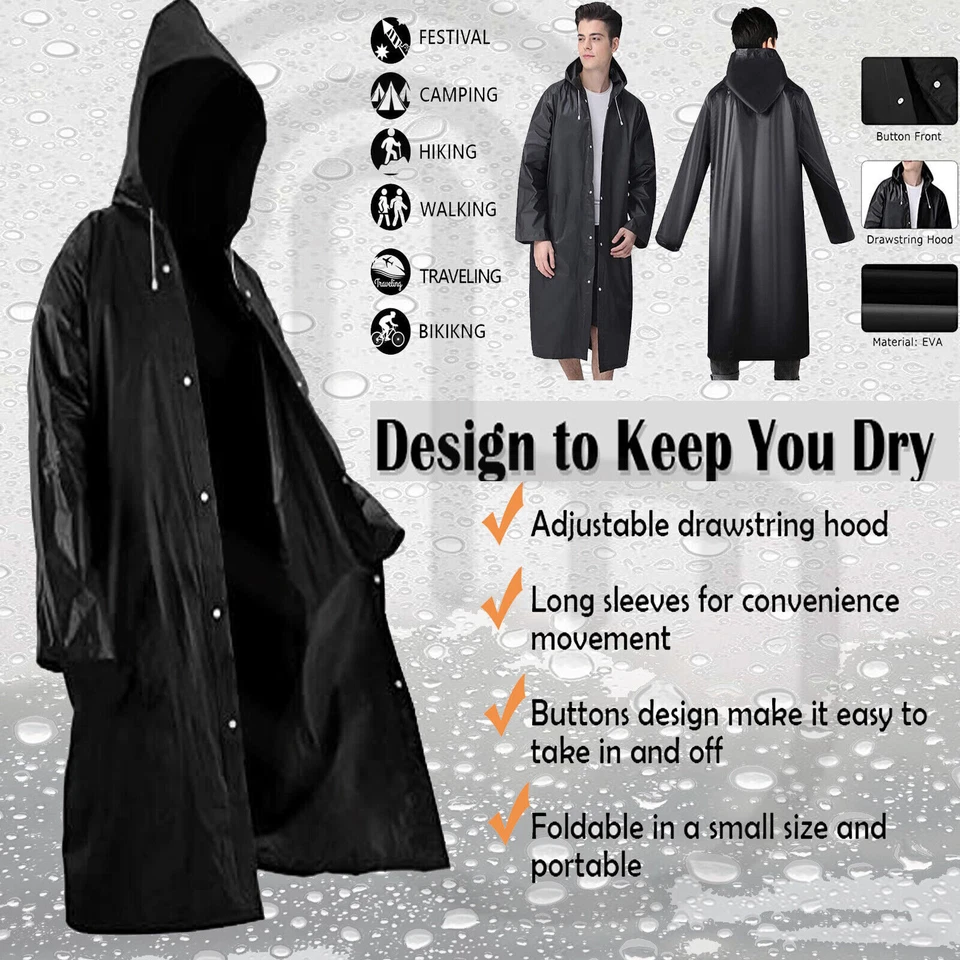 Men Women Long Hooded Waterproof Jacket Rain Coat Button Raincoat Rainwear UK