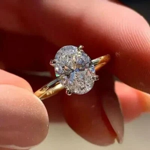 3CT Oval-Cut VVS1 Moissanite Solitaire Engagement Ring 14k Yellow Gold Plated - Picture 1 of 4