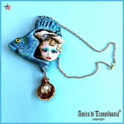 Joyería de pez azul Collar concha de Piscis Colgante Art Deco Muñeca Joyería Perlas Foto 1 de 4
