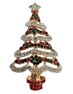 Christmas Tree Multicolor Rhinestone Brooch Pin Gold Tone 2.25" Tall - Picture 1 of 4