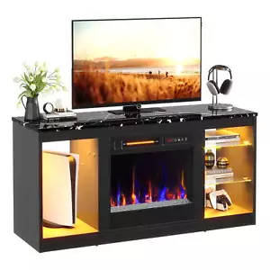 Modern Electric Fireplace TV Stand for TVs up to 55" with LED and glass shelves - Picture 1 of 11