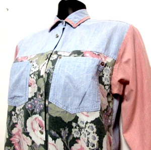 Vintage Judy Knapp Damen Shirt klein blau rosa Blumen Farbblock Perlenknöpfe USA - Bild 1 von 11