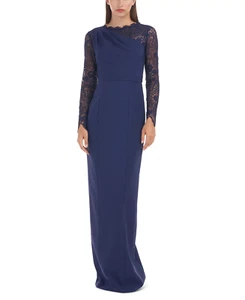 JS Collections Womens Size 2 Stretch Crepe Lace-Sleeve Gown Dress in Blue $299 - Picture 1 of 13