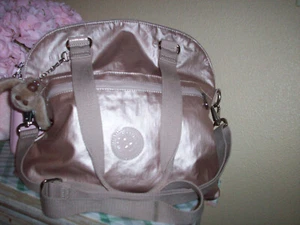 KIPLING Rose Gold Metallic Pink Large Shoulder Handbag Monkey Charm Keychain - Picture 1 of 6