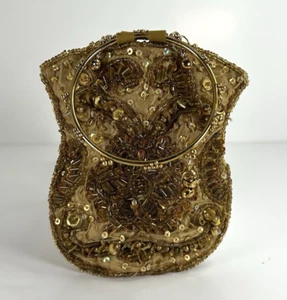Mini Beaded Evening Bag Bangle Handles Gold Tone Lined Magnet Sequin Pouch - Bild 1 von 7