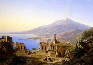 Karl Robert Kummer ""Teatro Greco, Taormina, mit Ätna dahinter"" gelbes Kunstwerk - Bild 1 von 4