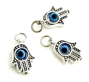 10 Antik Tibetisches Silber Zwei 2 Seiten Hamsa Hand Böser Blick Intensiv Perle Tropfen Charms - Bild 1 von 6