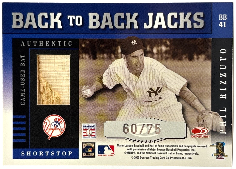 2003 Donruss Elite - Phil Rizzuto, Alfonso Soriano - BTB Jacks - GU Bat /75 - Image 1 of 2