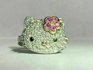 2Ct Round Cut Simulated Sapphire Kitty Face Ring 14k Two Tone Gold Plated Silver - Picture 1 of 5