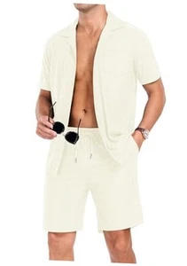 Mens Short Sleeve Outfits 2 Piece Summer Beach Button Down Shirts and Shorts - Picture 1 of 6