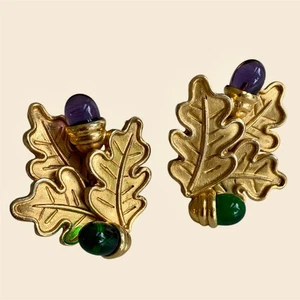 Rare Vintage 1980s Loewe Madrid Clip-On Earrings – Leaf & Acorn Design Gold-Tone - Imagen 1 de 15