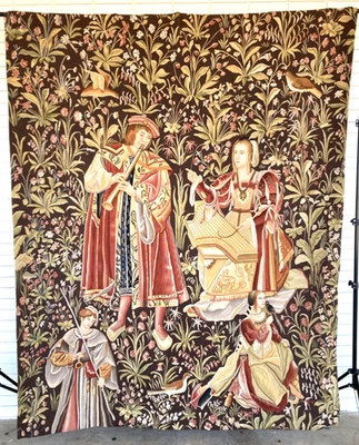 Tapiz medieval grande 8’x6.5’ reliquia tejido a mano europeo "Le Concert" Foto 1 de 4