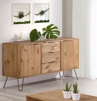 Waxed Pine Retro Large 2 Door 3 Drawer Sideboard Cupboard on Metal Hairpin Legs - Image 1 of 4