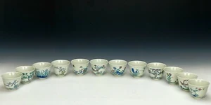 Rare Set of 12 Chinese Qing Kangxi MK Doucai Huashen Floral Porcelain Wine Cup - Picture 1 of 19