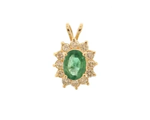 Vintage 14K Yellow Gold Oval Emerald & .40 Carat Round DIamond Halo Pendant - Picture 1 of 4