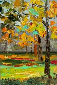 Dorado OTOÑO PAISAJE BOSQUE ORIGINAL Impresionismo Arte Moderno Pintura al Óleo - Imagen 1 de 7