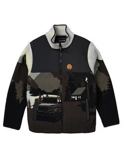 Reason Fleece Jacket Men's Medium Black Gray Allover Print Mountain Pattern - Picture 1 of 7