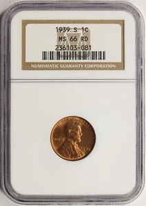 1939-S 1c Lincoln Cent NGC MS66RD - Picture 1 of 4