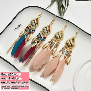 BOHO Feather Beaded Earrings Fringe Tassel Bohemian Ethnic Dangle Drop Handmade - Picture 1 of 15