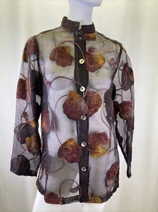 Mirasol Blouse Womens Sheer SM All Over Floral Embroidered Black Maroon Boucle - Picture 1 of 8