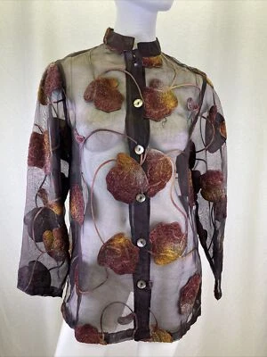 Mirasol Blouse Womens Sheer SM All Over Floral Embroidered Black Maroon Boucle - Image 1 of 4