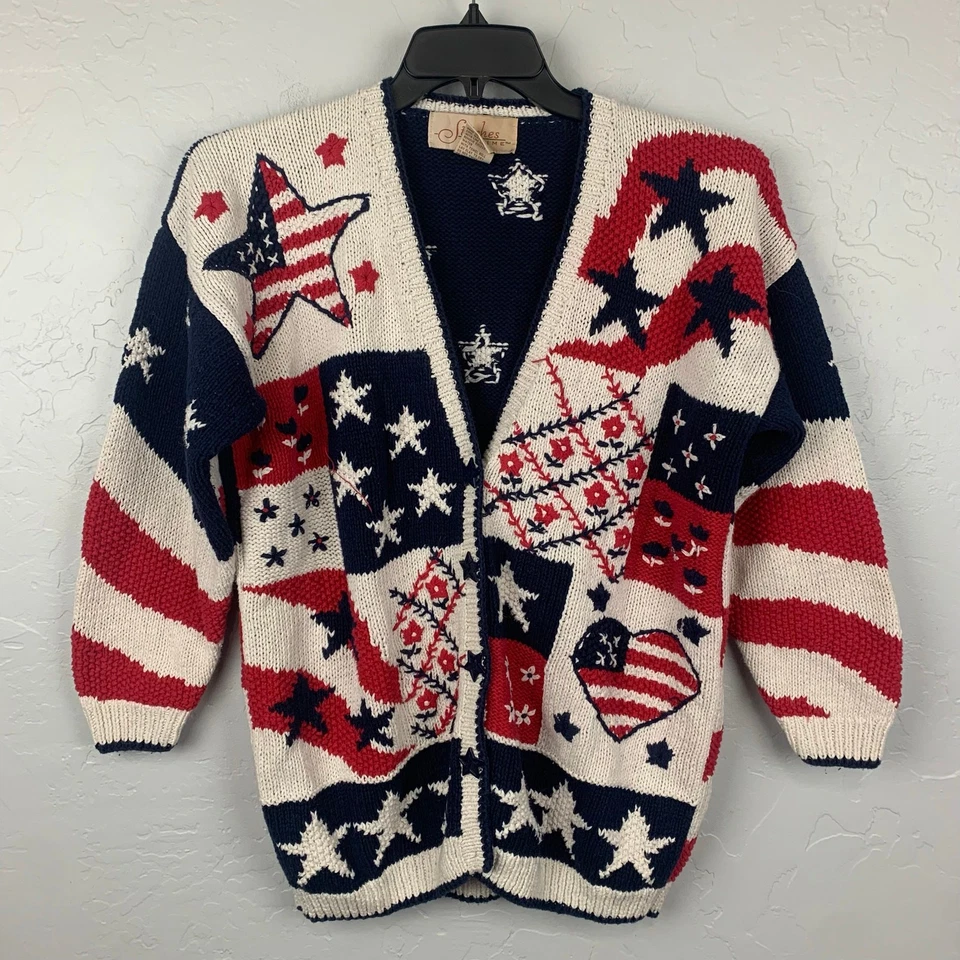 Vtg Stitches In Time USA Cardigan Sweater Womens Large Red White Blue Patriotic - Image 1 of 4