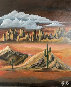 Vintage Original Acrylic Painting Southwestern Desert Saguaro Landscape Signed - Picture 1 of 15