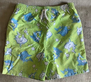 Boys Lime Green Swim Shorts Trunks Blue and White Sharks Elastic Drawstring 5T - Picture 1 of 4