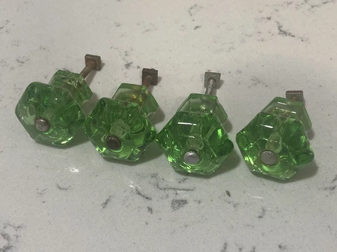 Lot 4 Green Hexagon 1.5” Antique Glass Drawer Knobs Depression Victorian VTG Cover