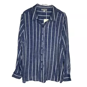 Neu mit Etikett Blousology Damengröße 3X blau weiß gestreifte Tunika-Bluse mit Knopfleiste - Bild 1 von 8