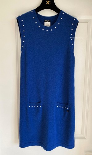 SPLENDIDO ABITO CHANEL 16P BLU CASHMERE PERLA IMPREZIOSITO A MAGLIA SENZA MANICHE CC 38