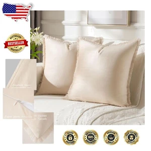 Beige Velvet Throw Pillow Covers 24x24 - Set of 2 with Tassels for Modern Decor - Picture 1 of 8