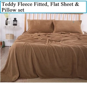 Queen Teddy Fleece Fitted Flat Sheet & Pillow Case Set Bedding Winter Warmer Bed - Picture 1 of 6