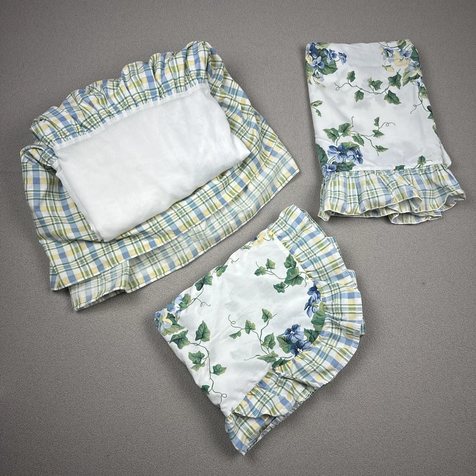 Waverly Claire Check Blue Floral Plaid 3Pc Full Bed Skirt Sham Pillowcase - Image 1 of 4