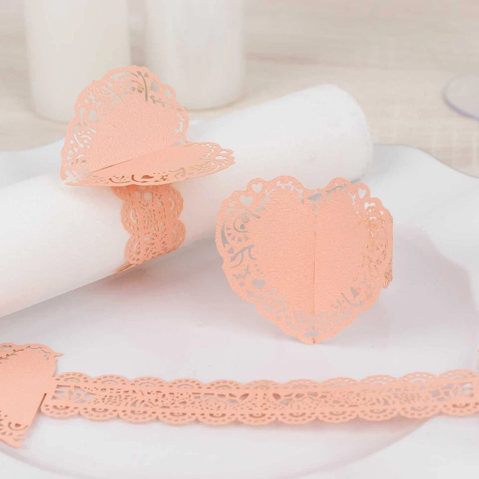12 BLUSH Shimmery Laser Cut Heart Paper Napkin Rings with Lace Pattern Wedding - Изображение 1 из 4