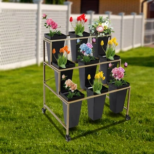 Floor Standing 3-tier Flower Holder Flower Display Stand With 9 Buckets & Wheel - Picture 1 of 16