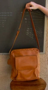 VINTAGE TAN LEATHER SHOULDER SATCHEL BACKPACK BAG ZIP UP  CASE 14" x 13" - Picture 1 of 10