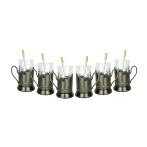 Juego de 18 soportes para vasos de té rusos Podstakannik y vasos y cucharas de cristal cortado - Imagen 1 de 10