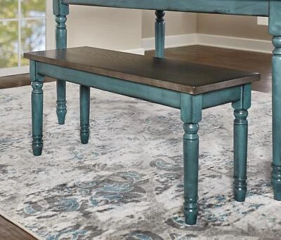 New Elegant Rustic Willow Farmhouse Distressed Teal Blue Dining Bench Seats Two - Image 1 of 4