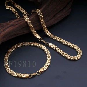 6 mm 18 Karat Gold Byzantinische Flache Kette Halskette & Armband Edelstahl Schmuckset - Bild 1 von 6