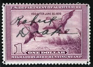 US Sc RW5 Violet $1.00 1938 No Gum M/S Signature Duck Hunting Permit Stamp - Picture 1 of 1