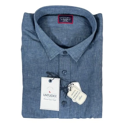 NEW UNTUCKit Mens Canon 100% Linen Short Sleeve Button Up Shirt 2XLT Reg Blue - Image 1 of 4