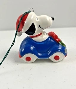Peanuts Character Ceramic Snoopy Driving Blue Car Christmas Ornament Japan 1966 - Picture 1 of 5