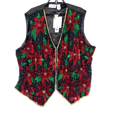 Scala Silk Sequin Poinsettia Christmas Vest 3X Beaded Holiday 90s Handmade Retro - Image 1 of 4