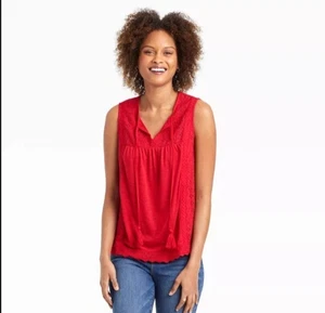 Knox Rose Floral Eyelet Embroidered Top Quaste Tie Rib Knit Rebel Red XL - Bild 1 von 7
