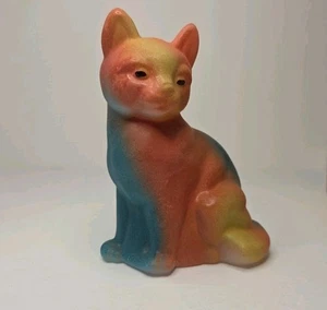 Fenton Glass Sitting Cat Airbrushed Tie Dyed Multi Colors Rare Color - Picture 1 of 6